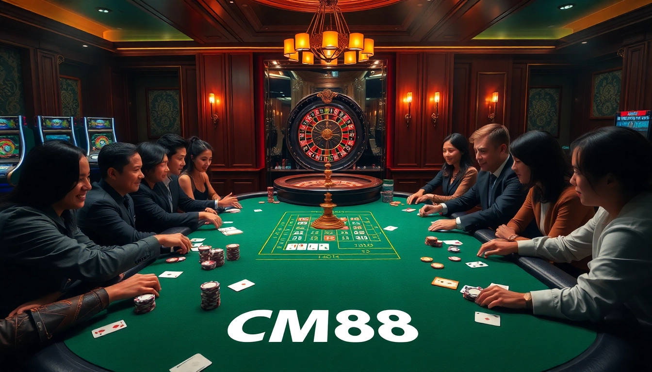 Players enjoying a thrilling poker game at a casino table, reflecting CM88's luxury and excitement.