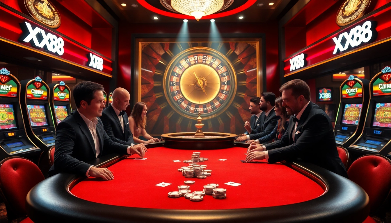 Players enjoying an exciting poker game at a glamorous casino table, featuring XX88 chips.