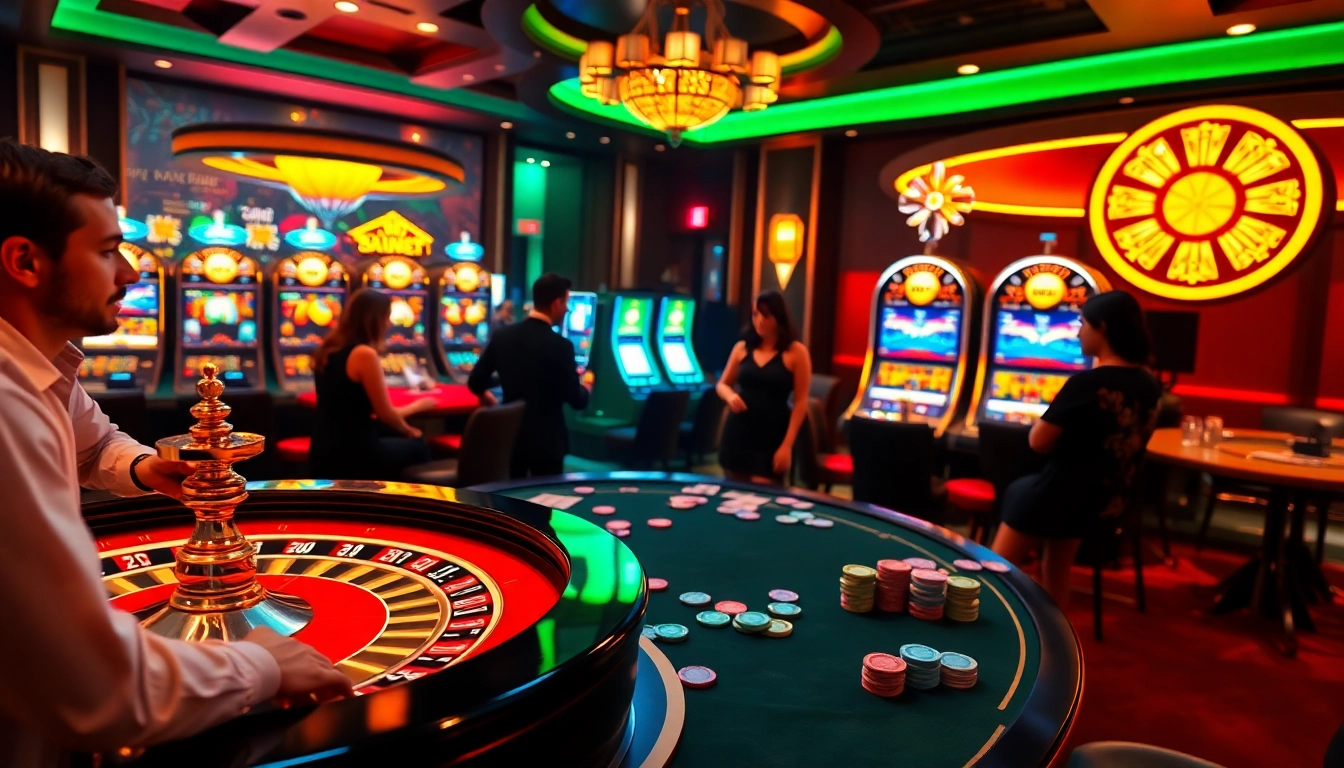 Players enjoying high-stakes gambling at https://fly88seo.com/ casino tables with vibrant chips and cards.