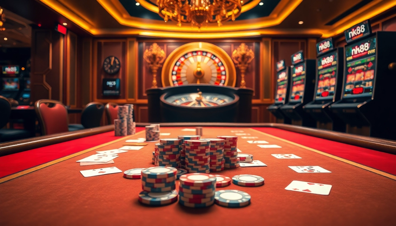Engaging nk88 casino scene with vibrant poker table, chips, and roulette wheel highlighting excitement.