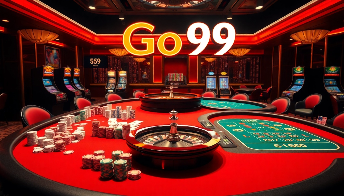 Experience high-stakes gambling at Go99 with luxurious tables and vibrant casino elements.
