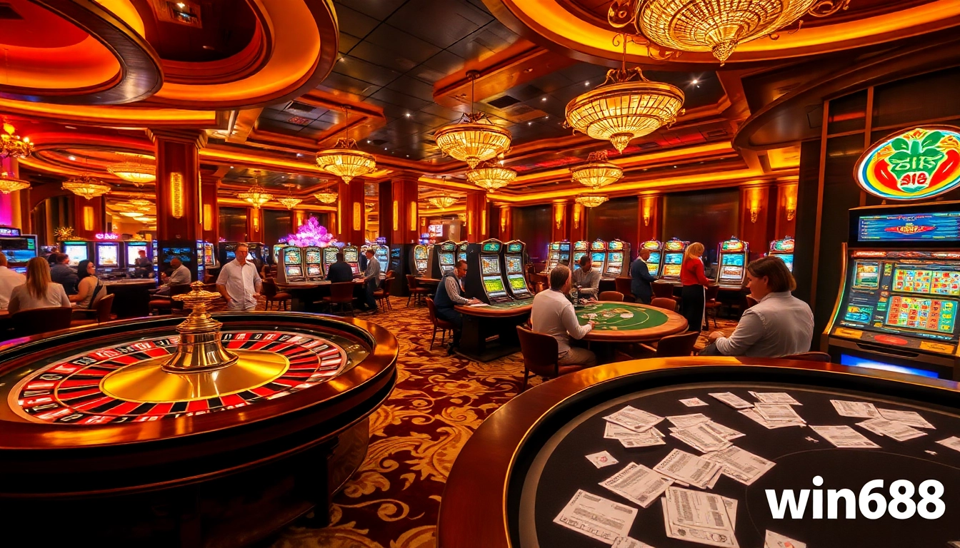 Experience the excitement of gambling with win678, showcasing a lively casino floor filled with players and gaming tables.