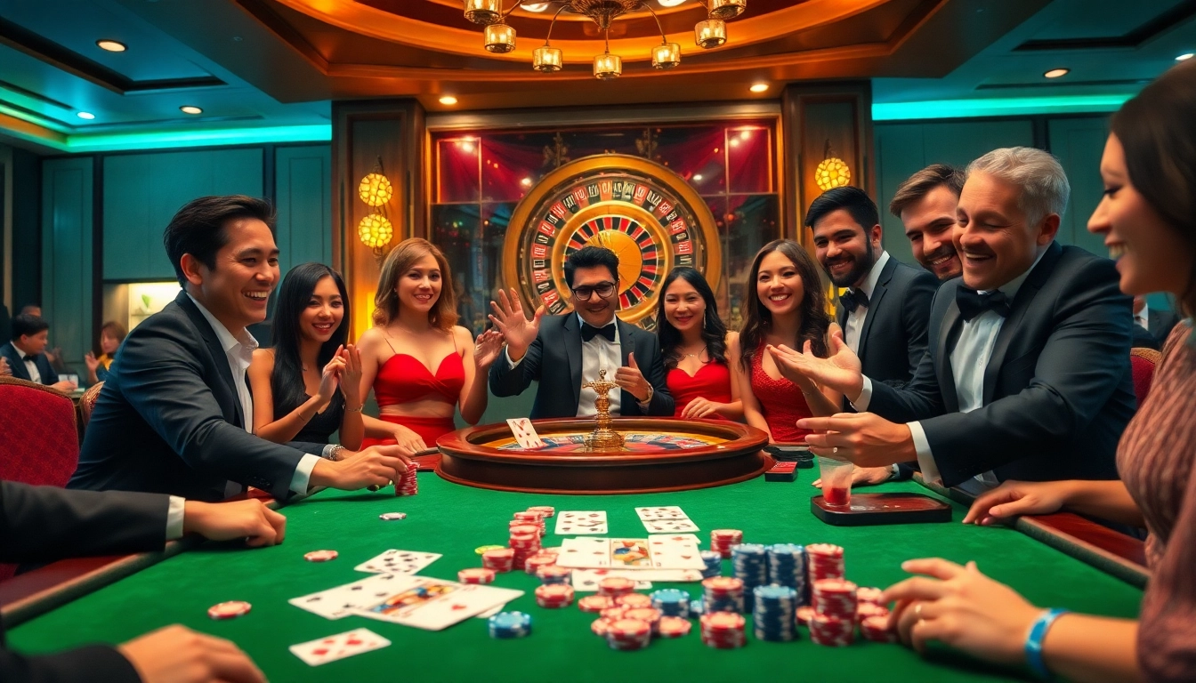 Exciting scene of players enjoying game bài đổi thưởng in a vibrant casino atmosphere with poker chips and cards.