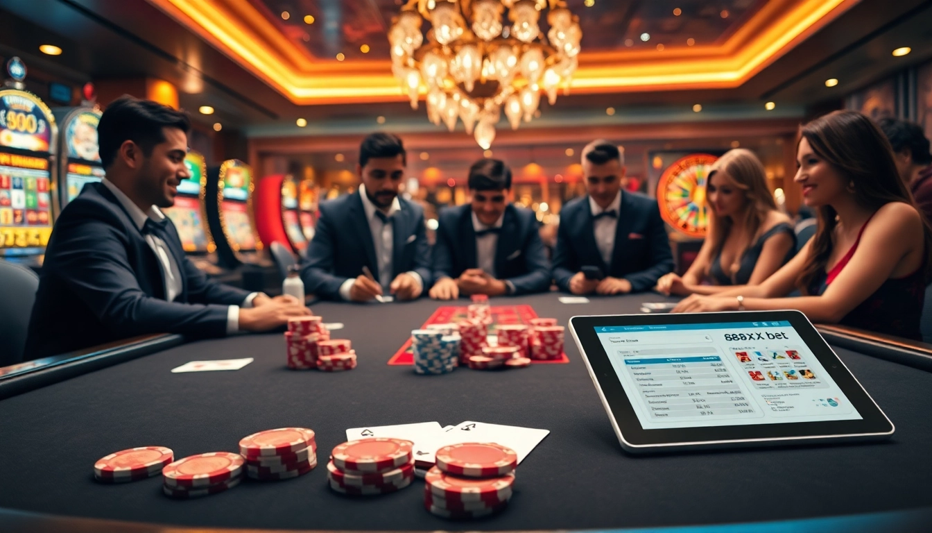 Players enjoying an exciting game scene at a casino with an 88xx bet theme featuring poker chips and cards.