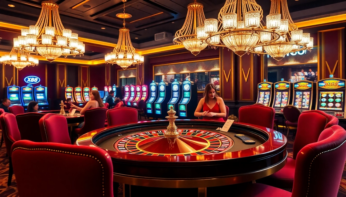 X88 themed roulette table filled with vibrant chips and betting slips at a luxurious casino.