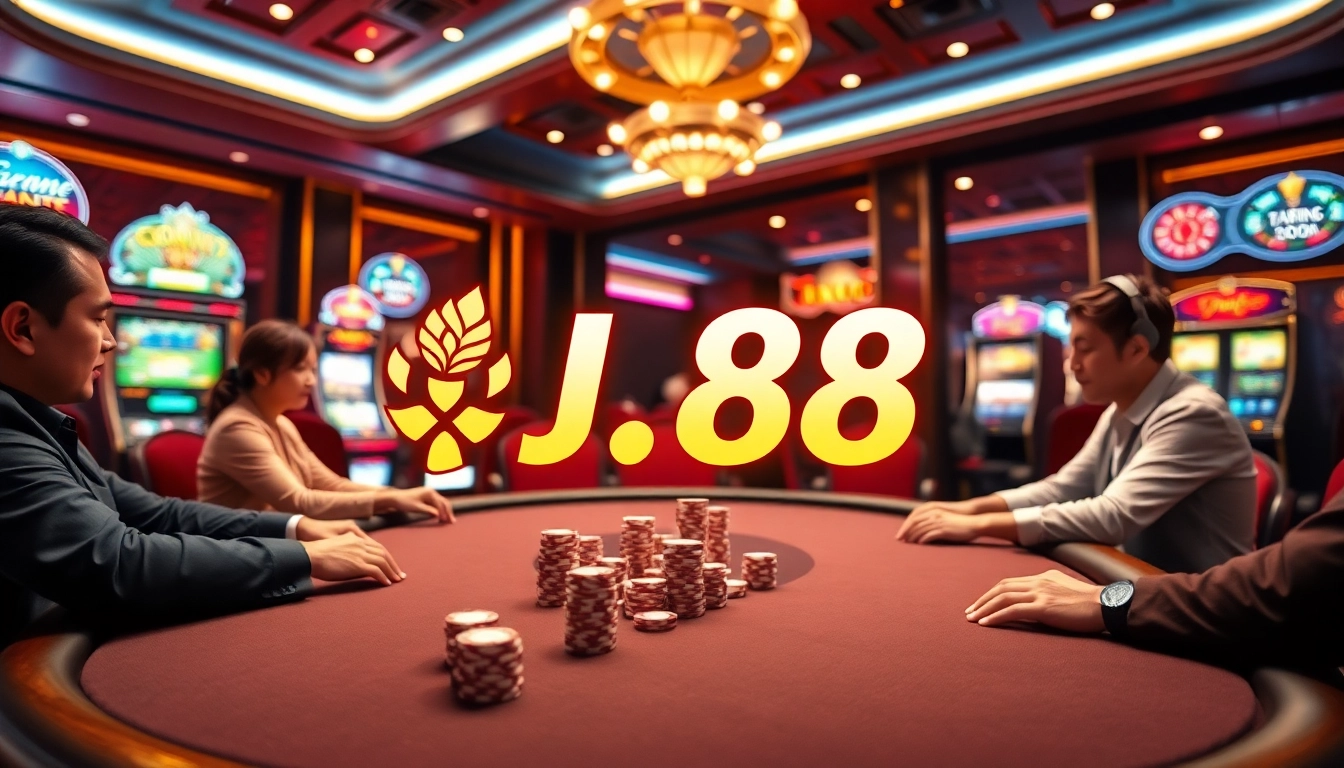 Experience the excitement of gambling at trang chủ j88 with vibrant casino visuals featuring poker and slot games.