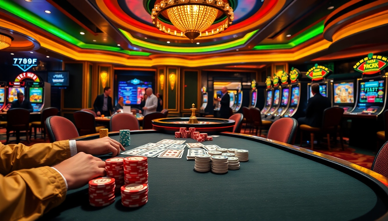 Engaged players at 789F's luxurious casino table with vibrant poker chips and cards.