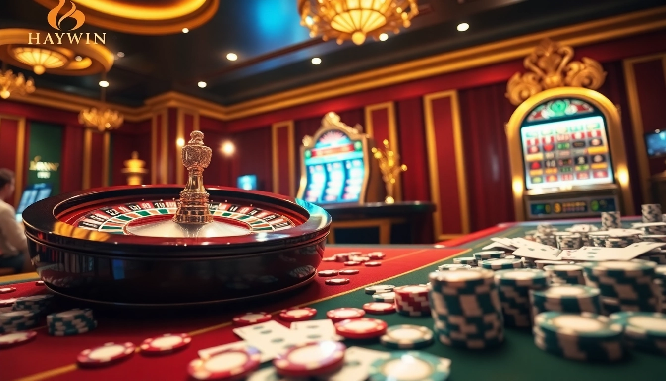 Experience thrilling gameplay at Haywin's casino with an elegant roulette table and vibrant slot machines.