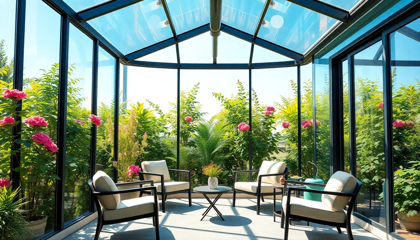 A bright solarium room featuring glass walls and seating, surrounded by a beautiful garden.