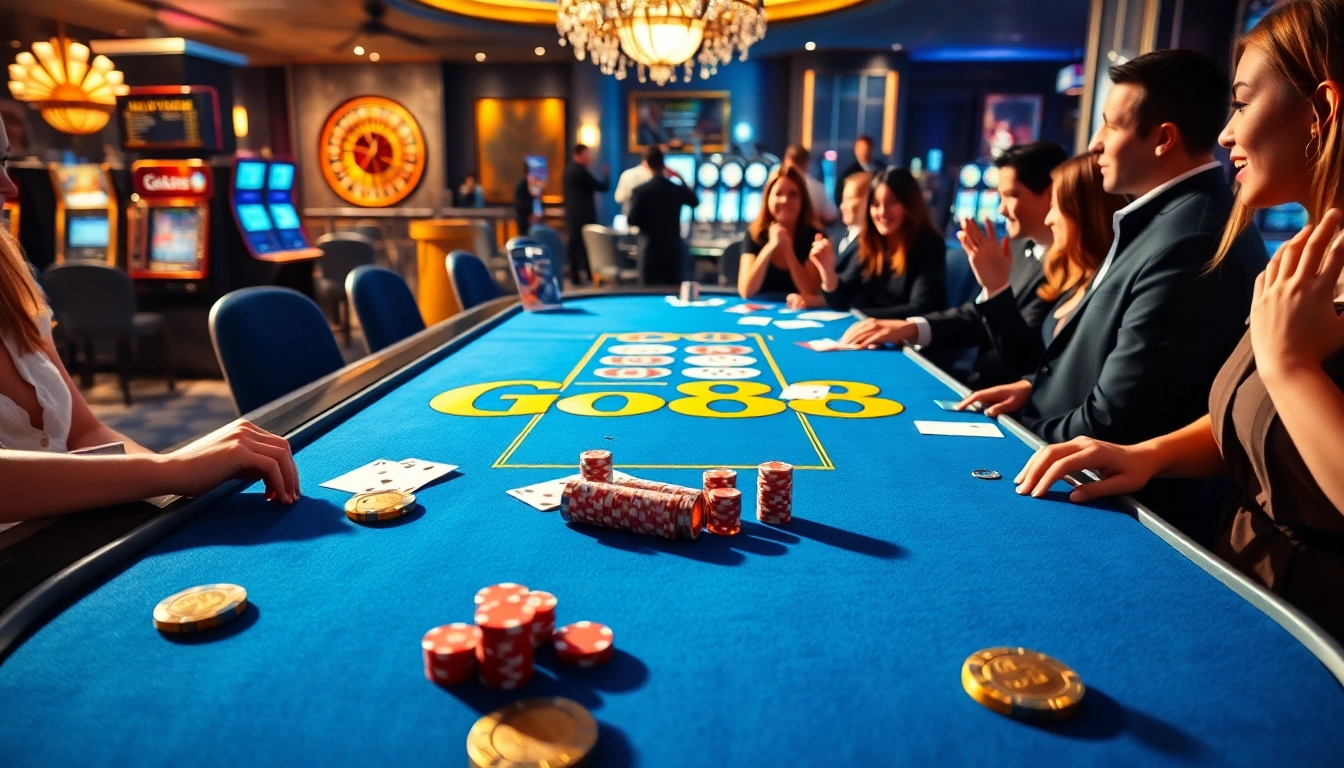 Engaged players enjoy a thrilling Go88 themed gaming table in a luxurious casino atmosphere.