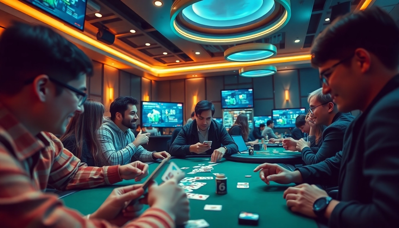 Exciting players enjoying game bài in a modern digital gaming room.