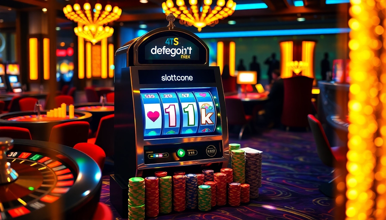 Adegan menarik di kasino mewah yang menampilkan mesin slot deposit 1k dengan tumpukan chip poker berwarna-warni dan kartu.