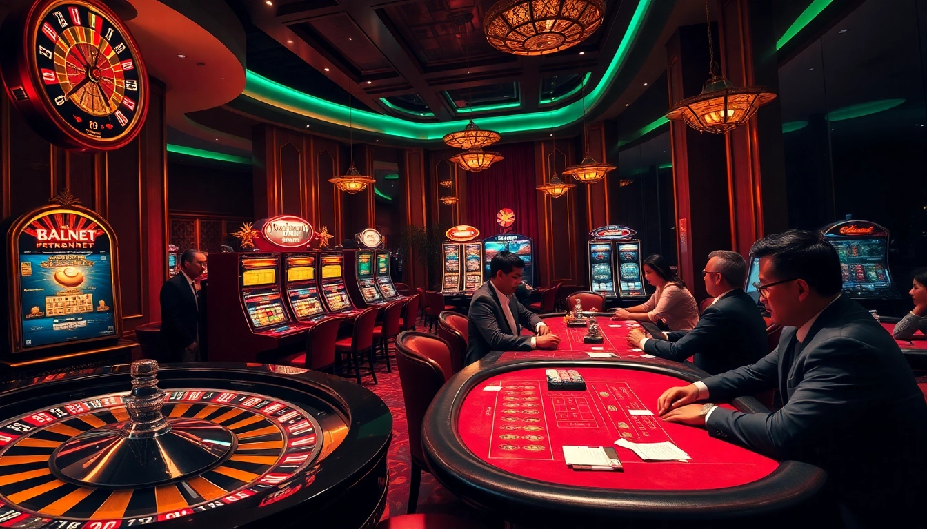 Players enjoying casino games at thabet77.org, surrounded by vibrant tables and slot machines.