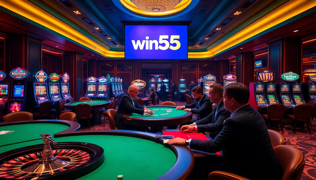 Experience the excitement at win55 with poker players and vibrant gaming tables.
