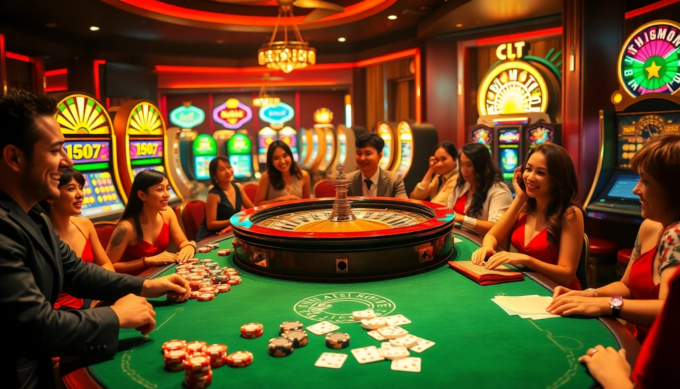 Engaging players at a roulette table in a luxurious casino environment showcasing luckywin lottery.