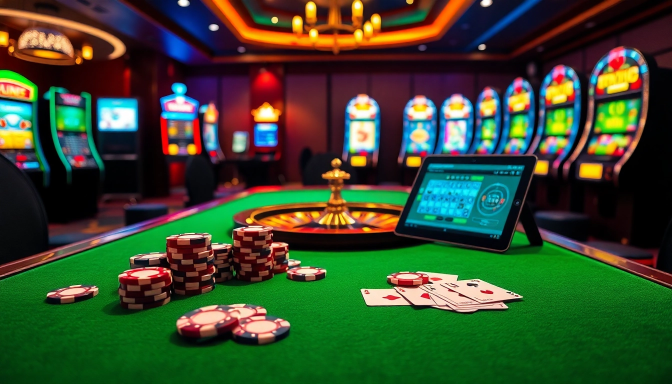 Experience the thrill of strategic betting in an okking casino atmosphere with poker tables and slot machines.
