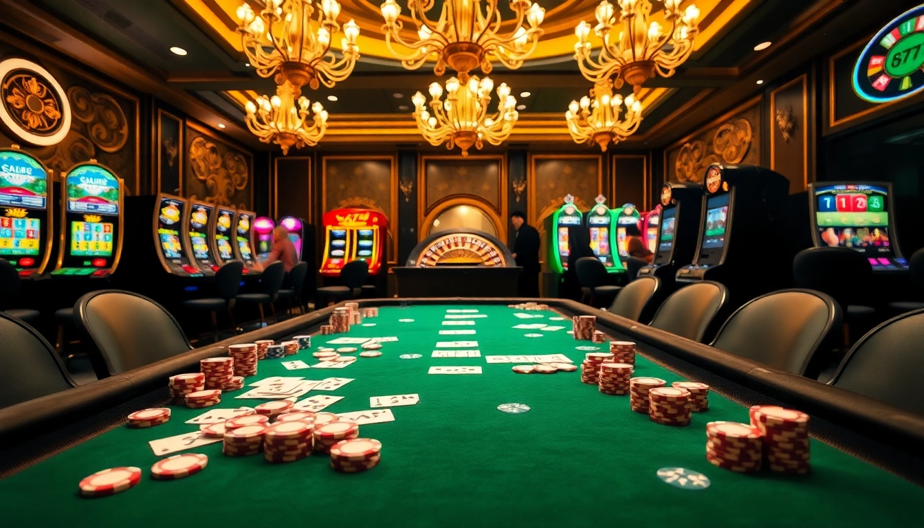 Experience thrilling games at 6L777 casino with vibrant poker chips and lively roulette.