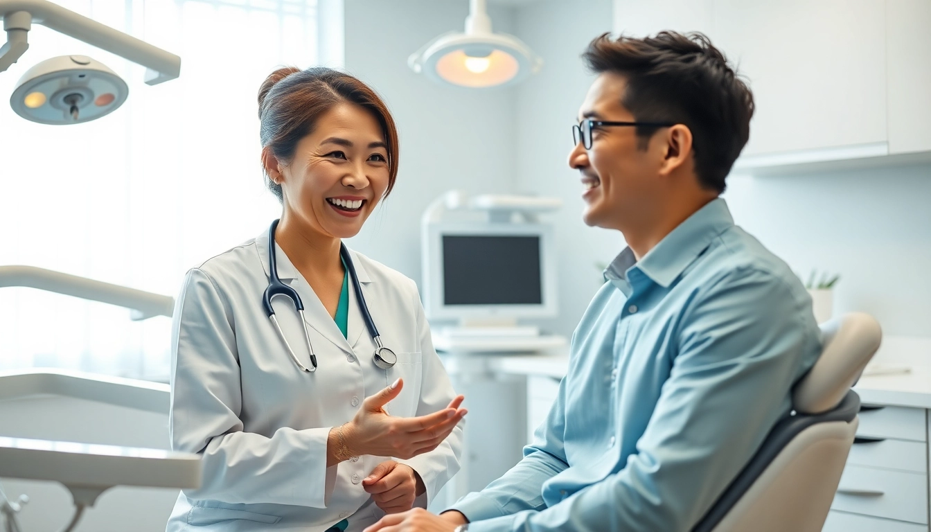 キレイライン矯正 口コミ discussion between a dentist and patient in a modern dental clinic