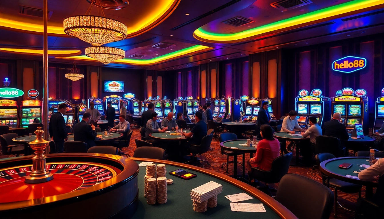 Hello88 casino floor with players at tables and slot machines creating a vibrant gaming atmosphere.
