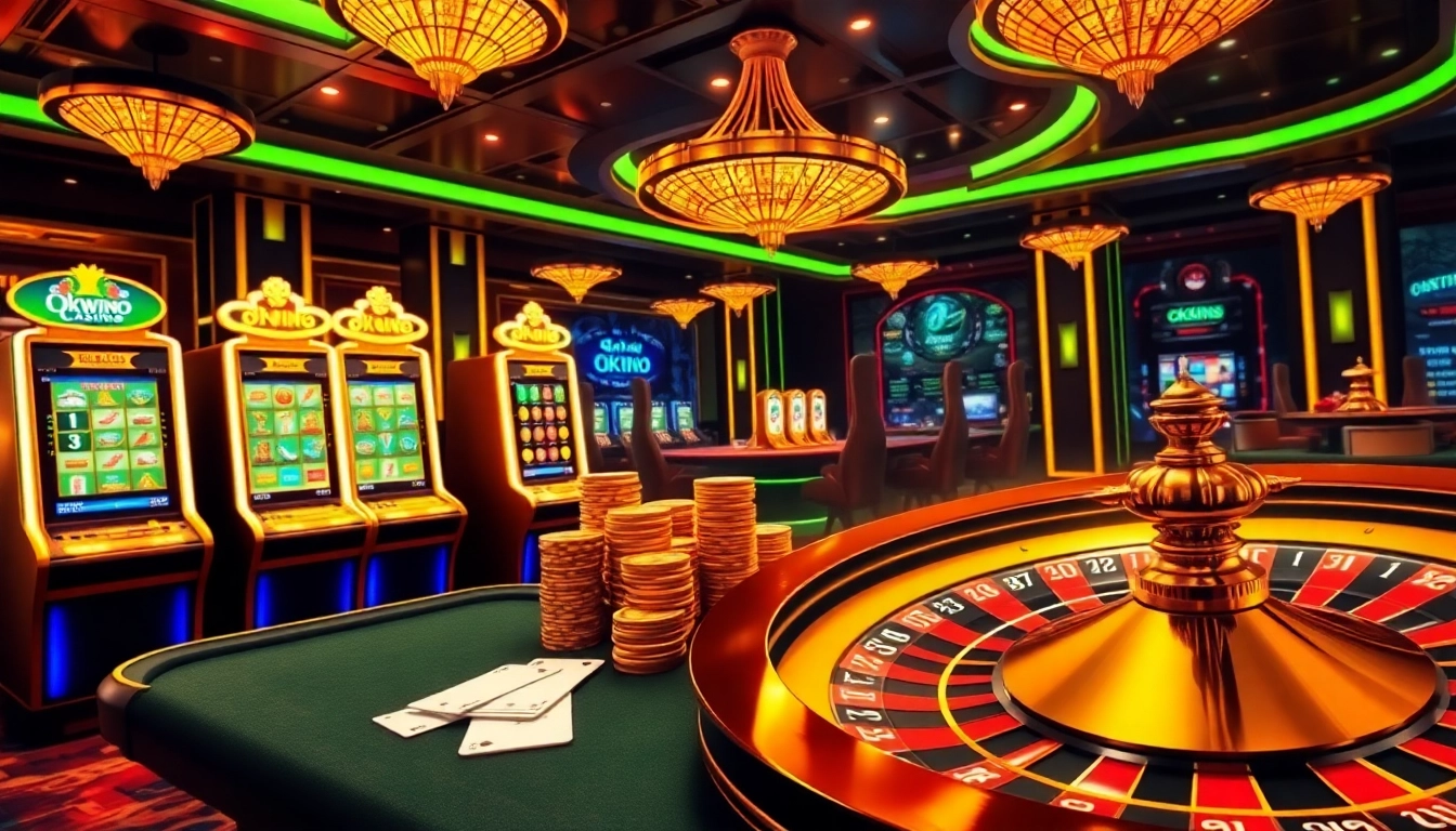 Engage in thrilling gameplay at https://okwin.blog/ with modern casino elements including vibrant slot machines and poker tables.