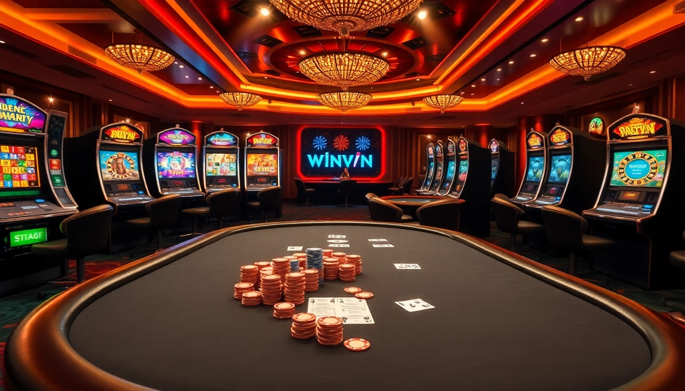 WinVN players enjoying a lively casino atmosphere with poker tables and slot machines.