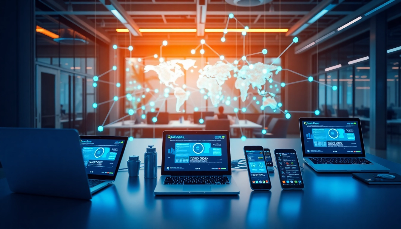 在高科技工作空间中体验 QuickQ 的无缝跨设备连接，展现其创新的网络能力。