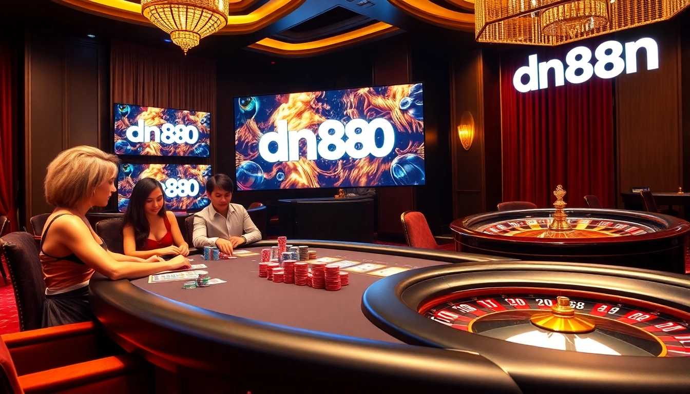 Exciting casino atmosphere at dn88.com with poker chips and a spinning roulette wheel.