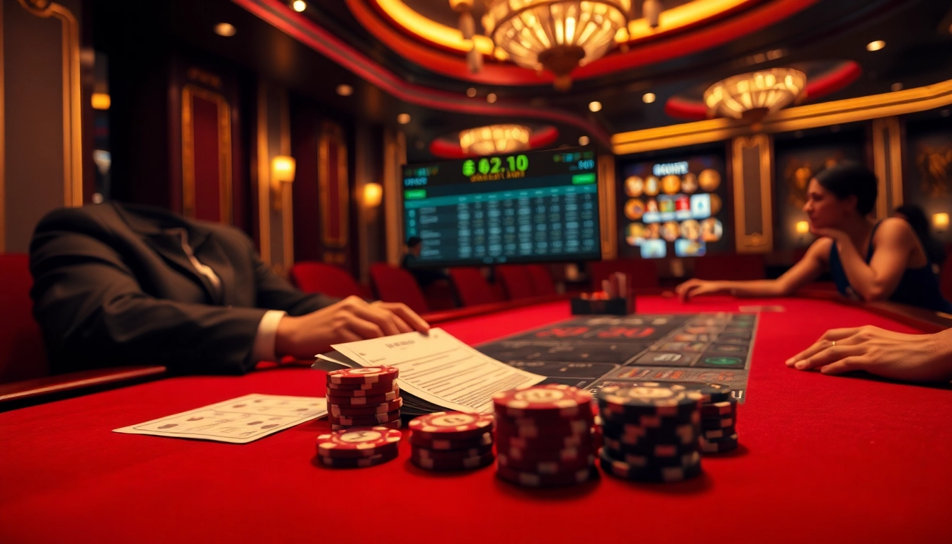 Players enjoying Tài Xỉu MD5 game with chips and betting slips in a luxurious casino.