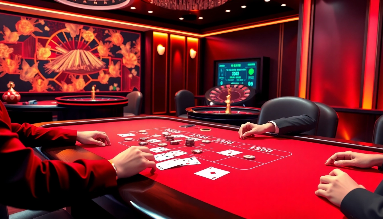UU88 players enjoying an exciting game at a luxurious casino table with poker chips and cards.