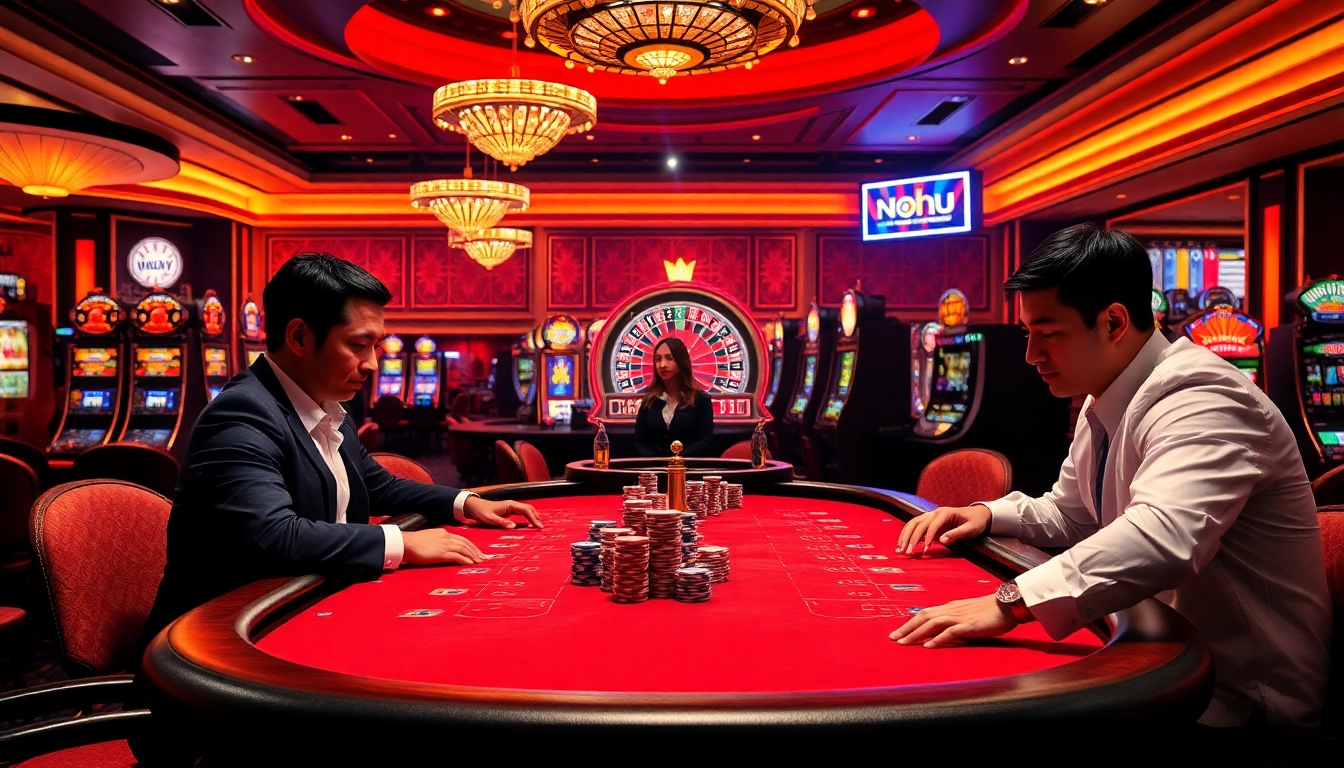 Nohu-inspired casino scene with luxury poker games and vibrant gaming atmosphere.