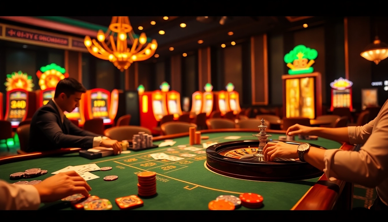 The thrilling gaming experience at Nhà Cái ABC8 with players at a casino table focused on cards and chips.