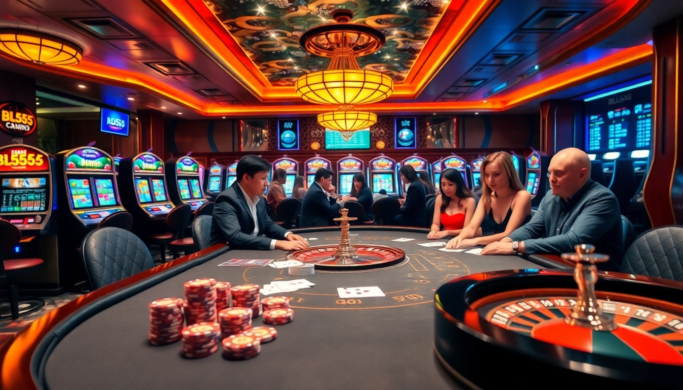 Engaging gambling scene at nhà cái thể thao BL555 with poker table, roulette wheel, and sports betting odds.