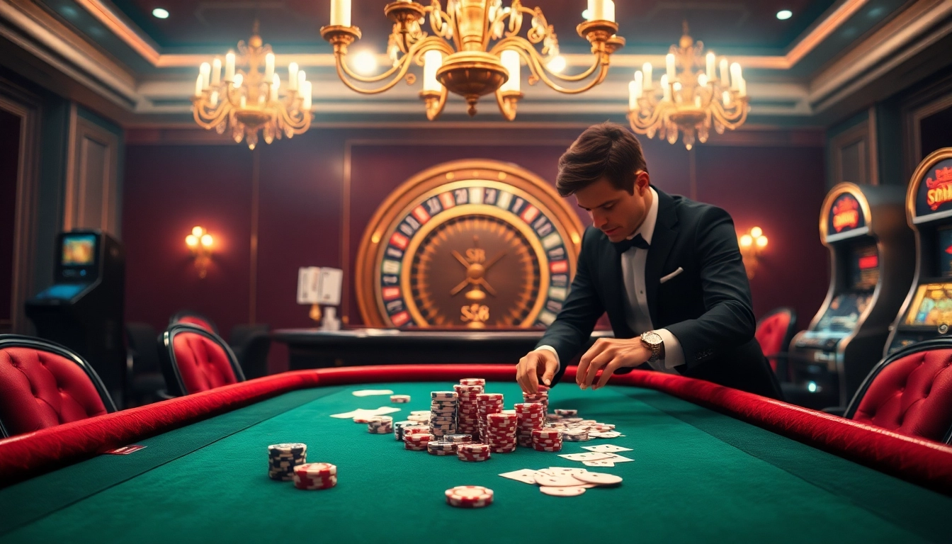 S8 themed poker chips and cards scattered on a luxurious casino table in an elegant setting.
