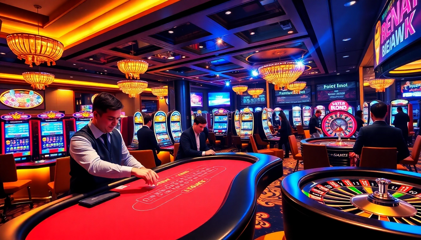 Experience the excitement of gambling at https://77ball.fun/, featuring a luxury casino scene with cards, chips, and roulette.