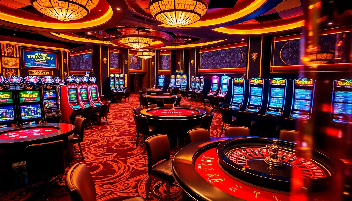 Engaging casino atmosphere showcasing vibrant gambling activities at https://888vi.space/ with poker tables and slot machines.