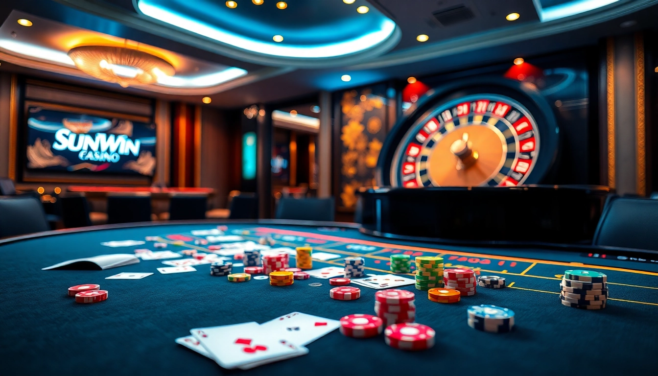 SUNWIN's thrilling casino table filled with poker chips, cards, and a roulette wheel, exuding excitement.