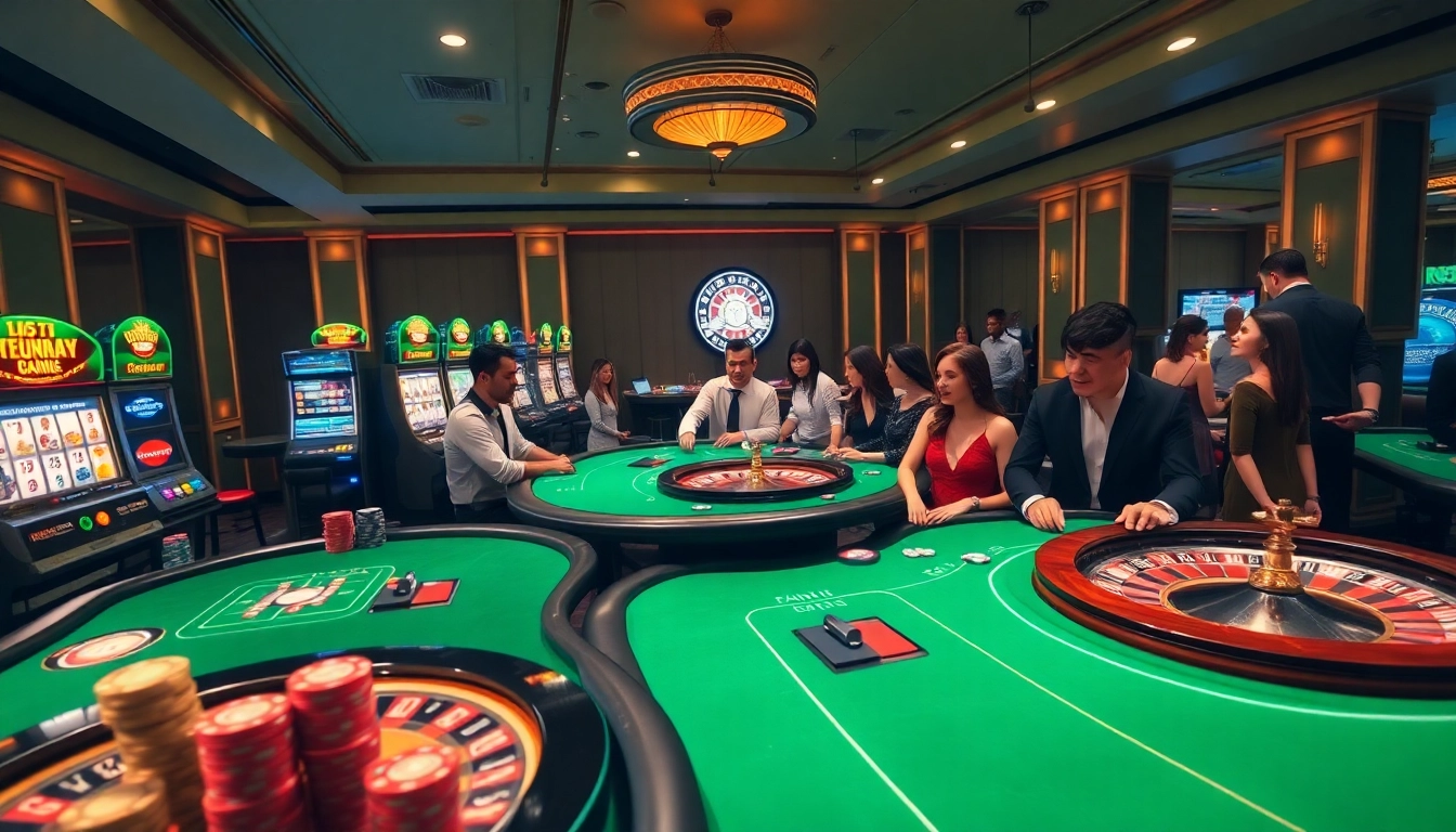 Experience thrilling gambling action at https://kwin.bio/ with vibrant poker tables and roulette wheels amidst an inviting atmosphere.