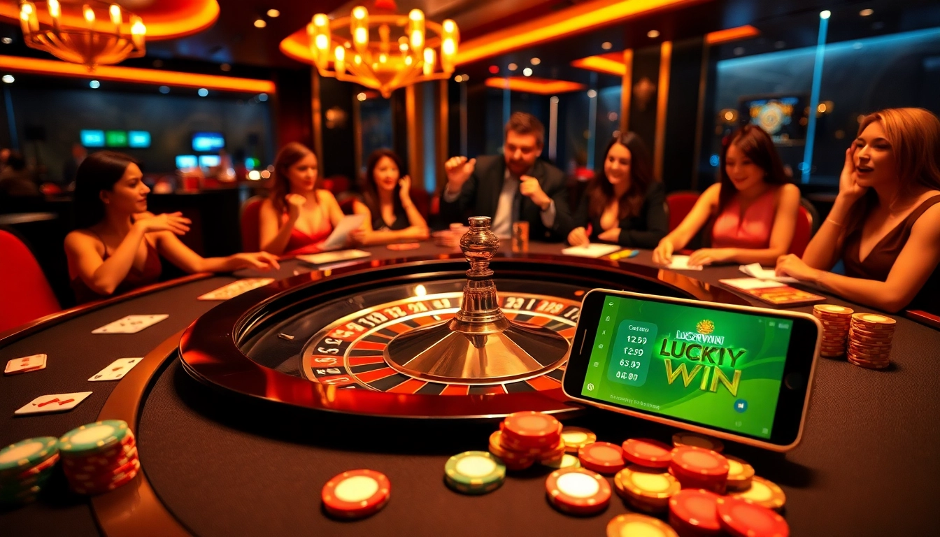 Experience the thrill of Luckywin with a vibrant casino scene featuring a roulette wheel.