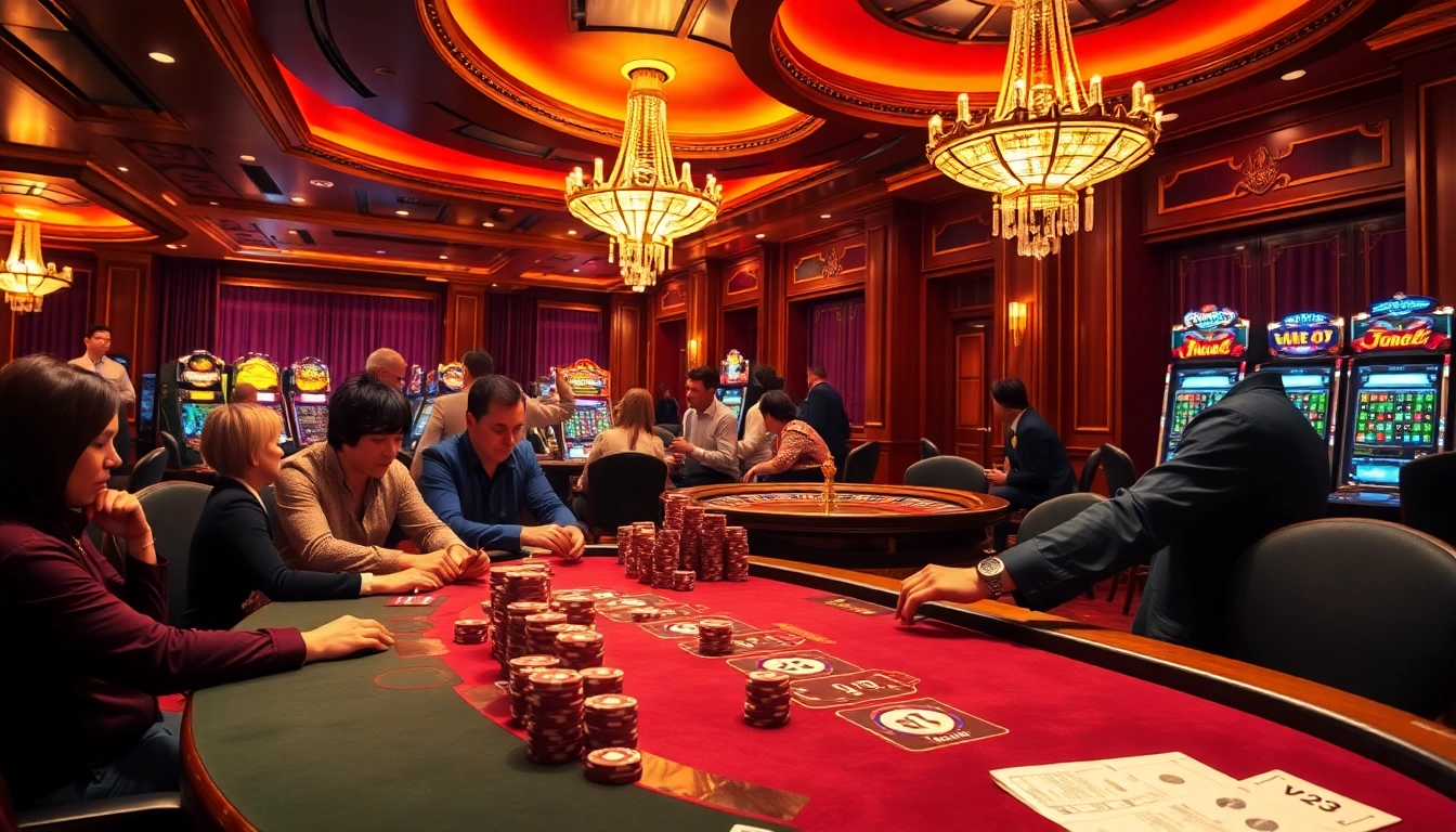 Players engaging in a high-stakes game at a casino table featuring vn23 poker chips and vibrant casino decor.