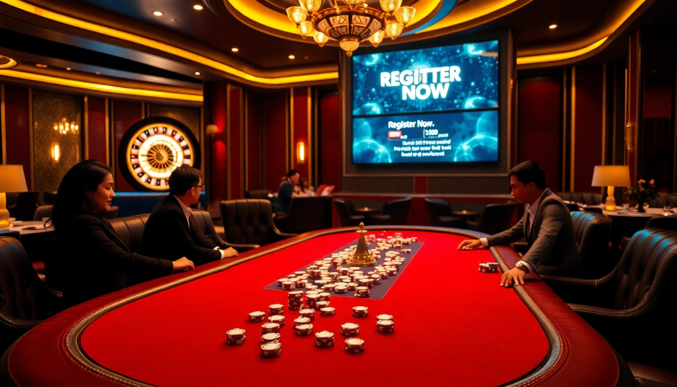 Register for thrilling poker games in a luxurious casino setting.