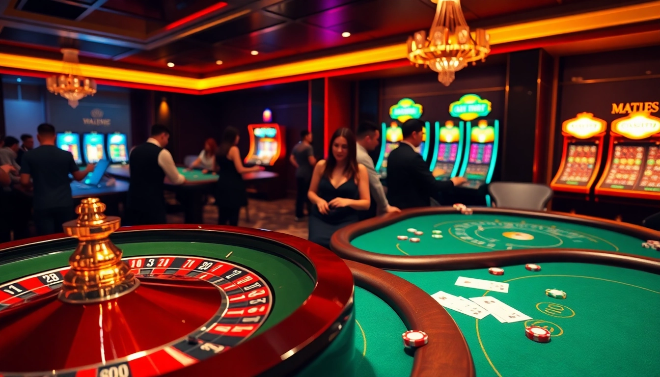 Experience thrilling gaming at Hi88 with an exquisite roulette wheel and poker table setup.