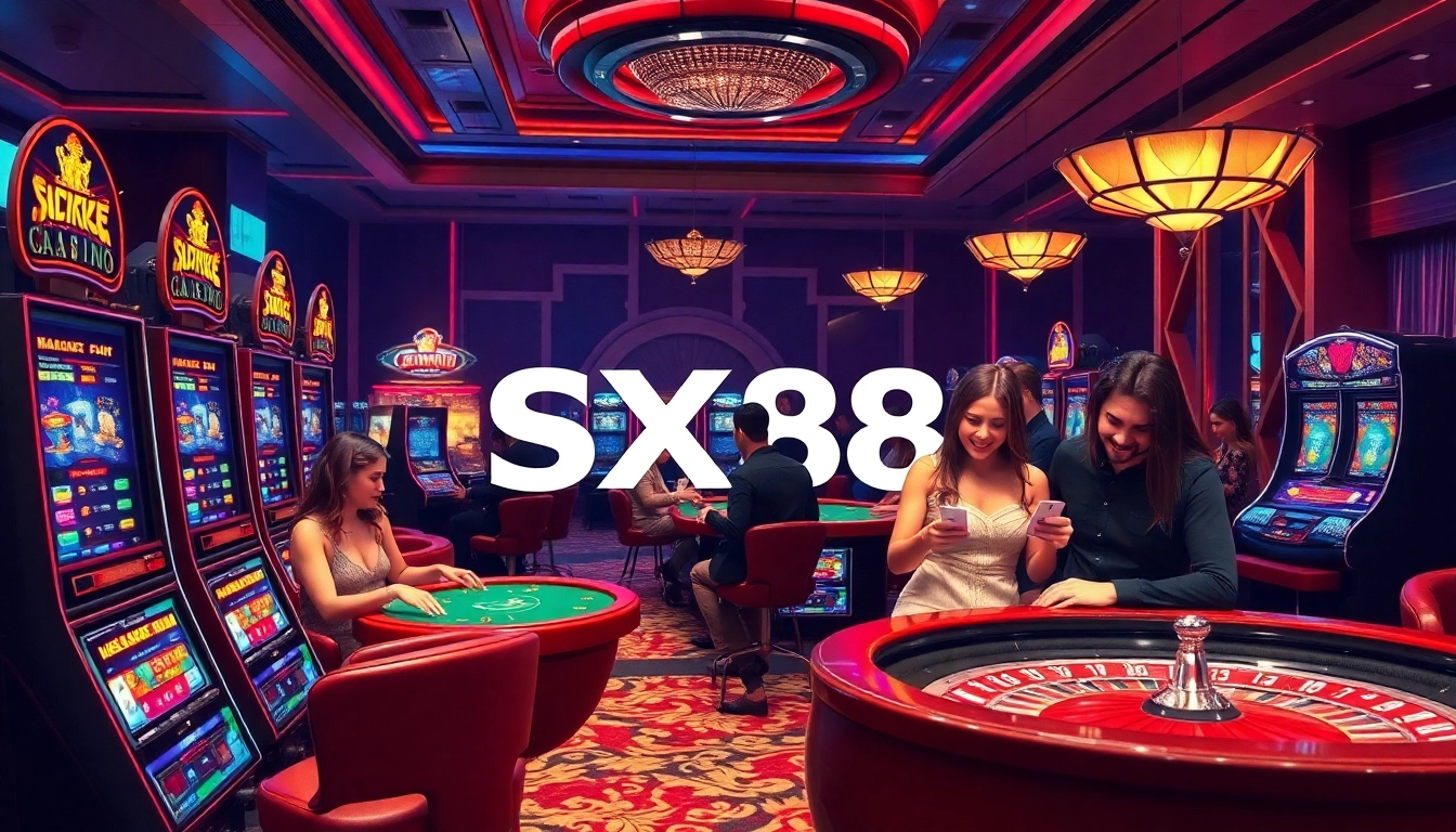 SX88 logo appears as players celebrate a win at vibrant casino tables with cards and chips.