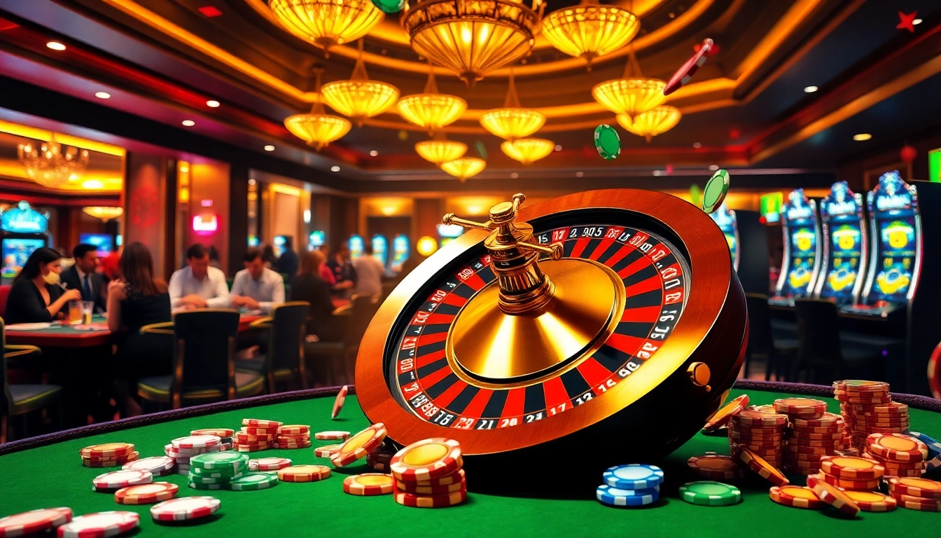 Experience the thrill of a lucky win at an elegant casino with a spinning roulette wheel and colorful chips.