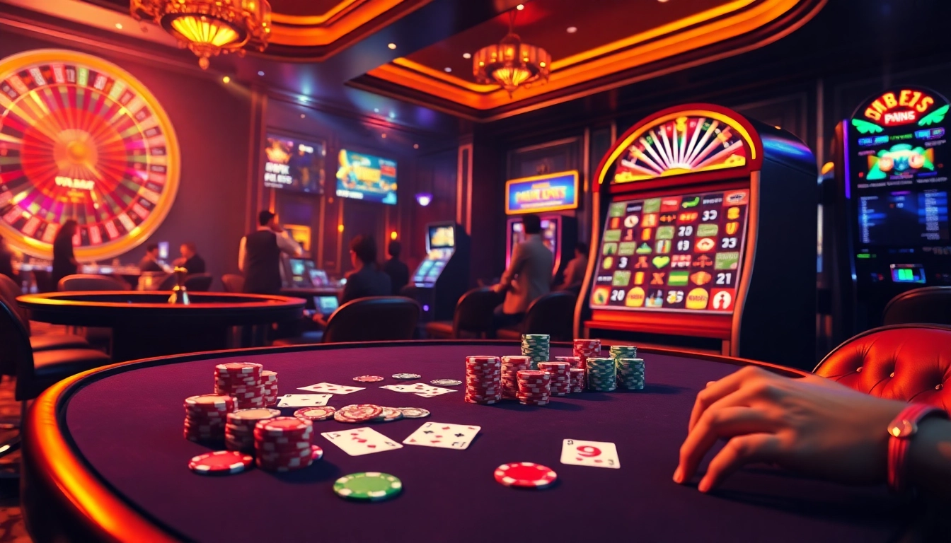 Experience the excitement of gambling at 5z7776 com with engaging casino visuals of poker tables and roulette wheels.