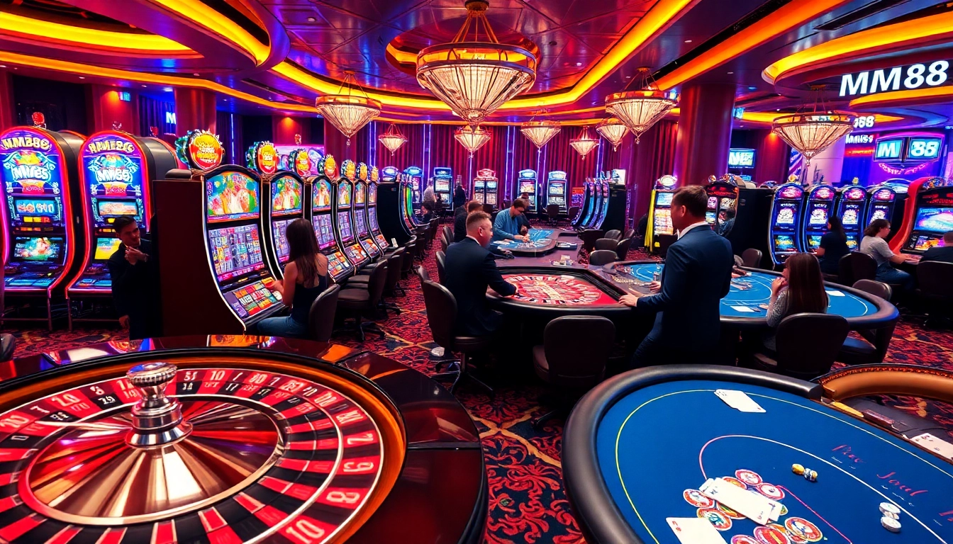 Exciting MM88 casino scene featuring vibrant slot machines and players at poker tables.