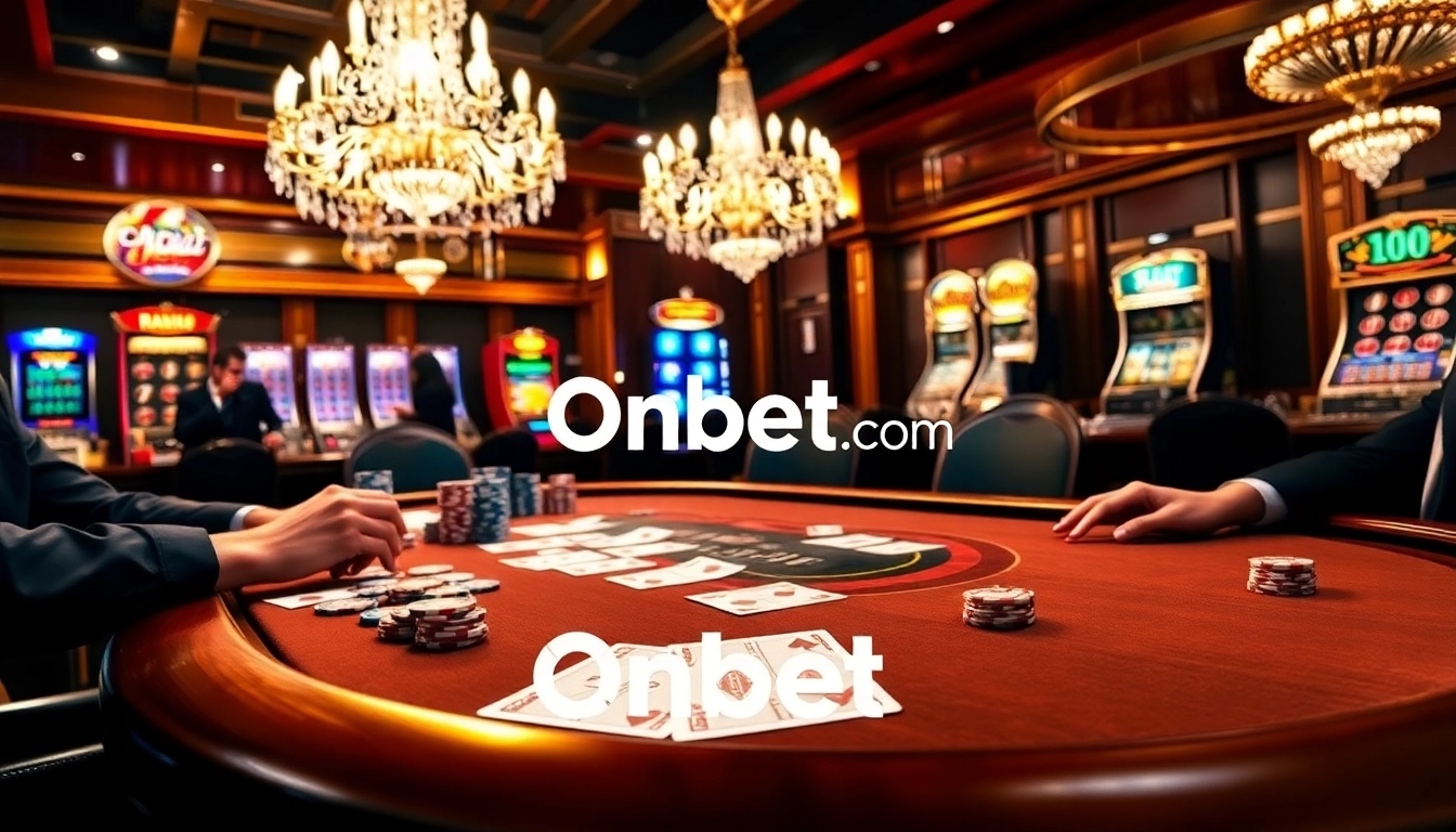 A poker table with vibrant chips and cards at Onbet com's luxurious casino, promoting online gaming.