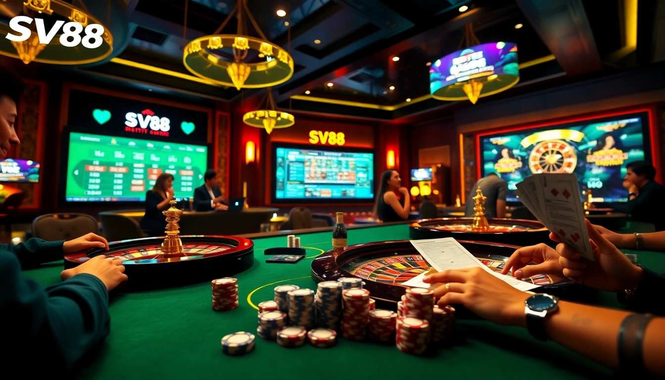 Gambler placing bets at SV88 casino table with poker chips and roulette wheels