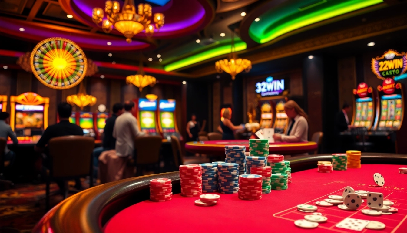 Engaging players at the 32Win casino, featuring poker chips, roulette wheel, and vibrant slot machines.