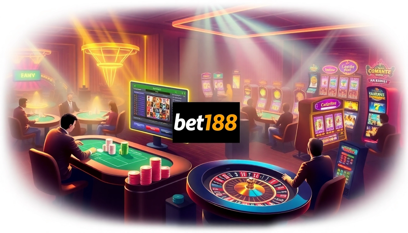 Experience the excitement of betting at bet168 with vibrant casino visuals featuring poker tables and slot machines.