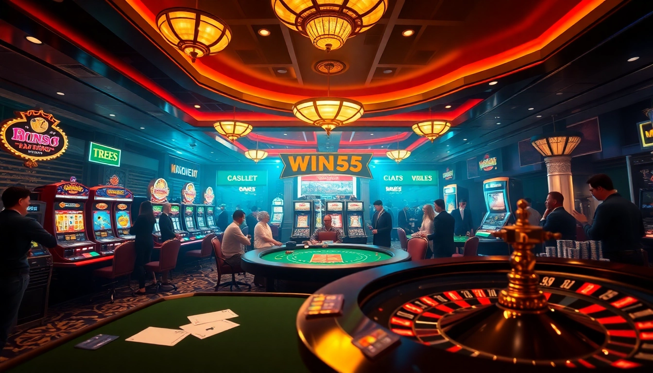 Players strategizing and betting at a luxurious Win55 casino scene with poker and slot machines.